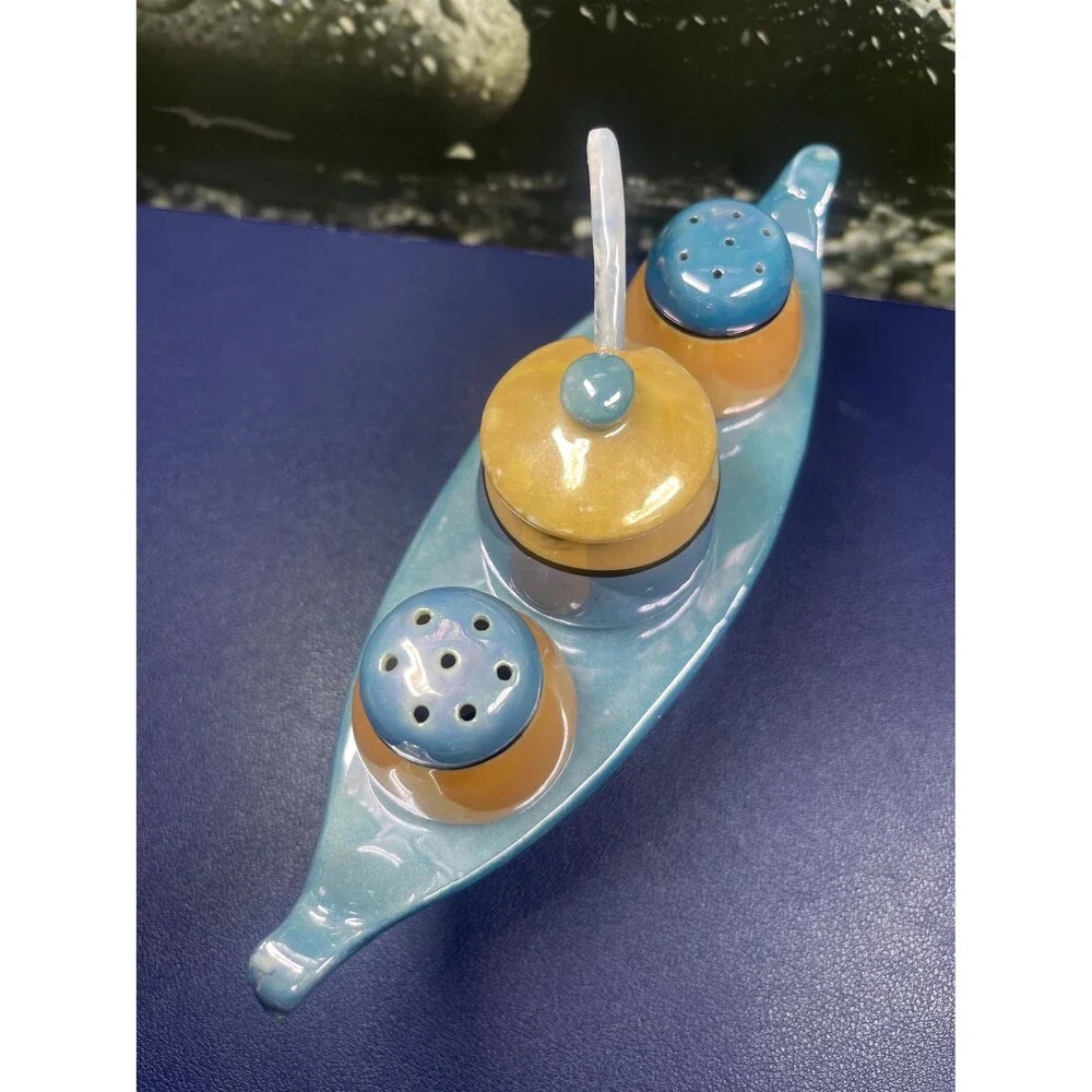 Vintage 1940s Japanese lusterware condiment boat set